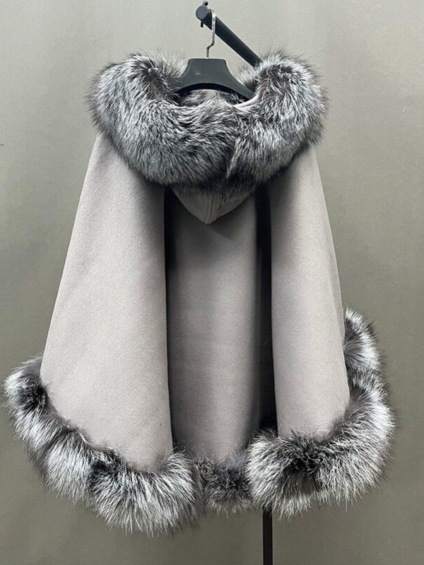 Women's Grey Cashmere Wool Wrap Cape with Hood and Silver Fox Fur Trims - Image 3