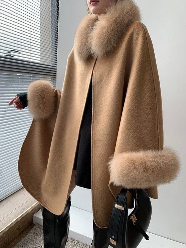 Women's Cashmere Wool Cape Cloak Jacket Coat Fox Fur - Image 5