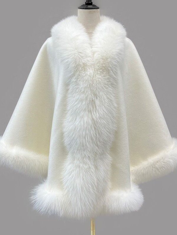Women's Cashmere Wool Wrap Cape with Fox Fur Ivory White - Image 2