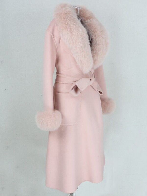 Women's Pink Cashmere Wool Blend Coat with Fox Fur - Image 3