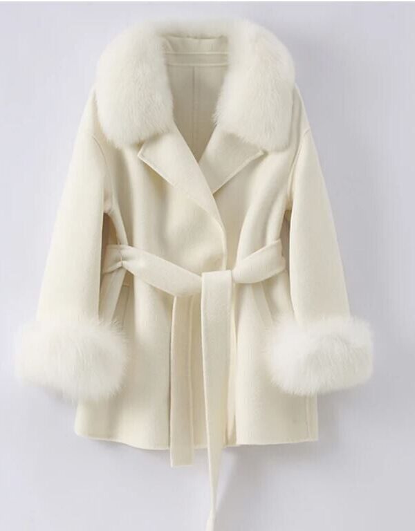 Women's Tan Beige Wool Blend Jacket Coat Fox Fur - Image 7