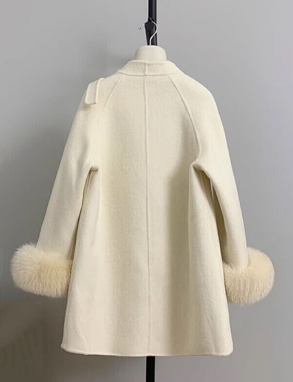 Women's Ivory Cream Wool Cashmere Blend Jacket Coat Fox Fur - Image 4