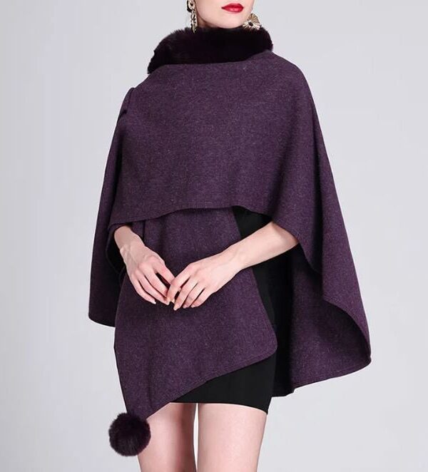 Women's Beige Wool Blend Cape Shawl Wrap Poncho with Brown Rex Rabbit Fur - Image 6