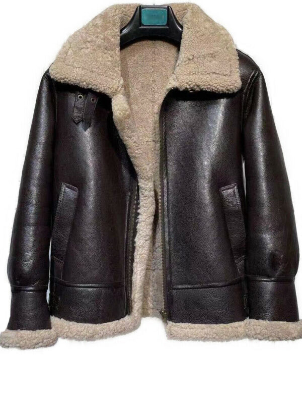 Men's Brown Leather Shearling Jacket Coat Sheepskin Fur Lining - Image 5