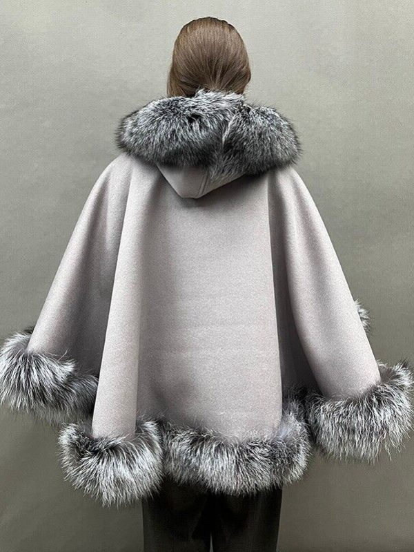 Women's Grey Cashmere Wool Wrap Cape with Hood and Silver Fox Fur Trims - Image 4
