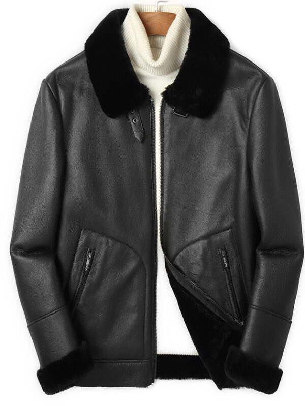 Men's Black Shearling Lamb Leather Jacket Coat Sheepskin - Image 3