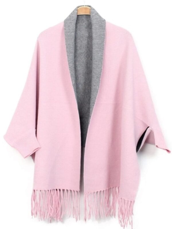 Wool Blend Cape Shawl with Sleeves Pink Gray Grey Women's - Image 3