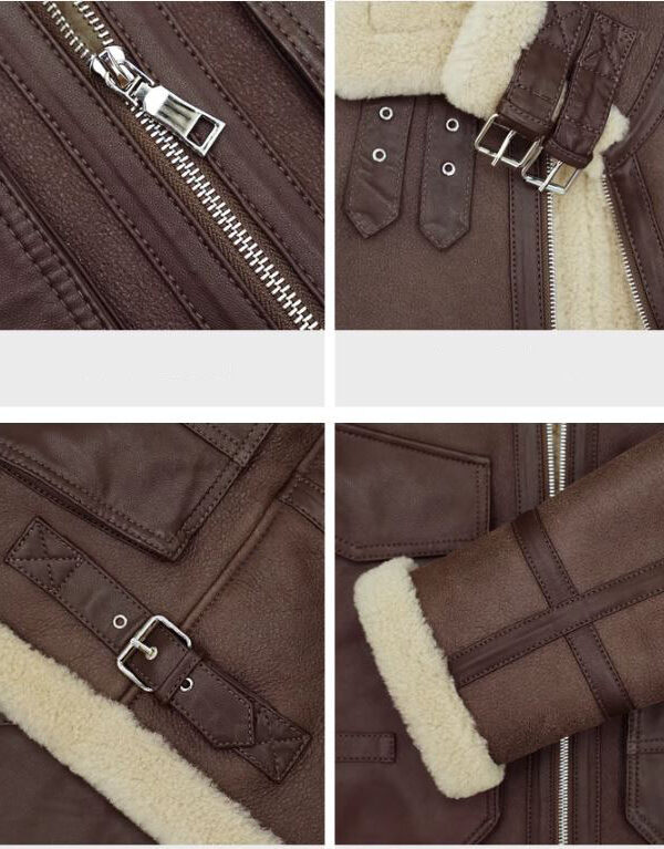 Men's Dark Brown Leather Shearling Jacket Coat Sheepskin Fur Lining Aviator - Image 5