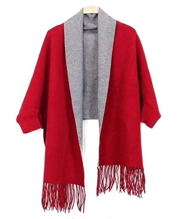 Women's Red Gray Wool Blend Cape Wrap Shawl with Sleeves - Image 5