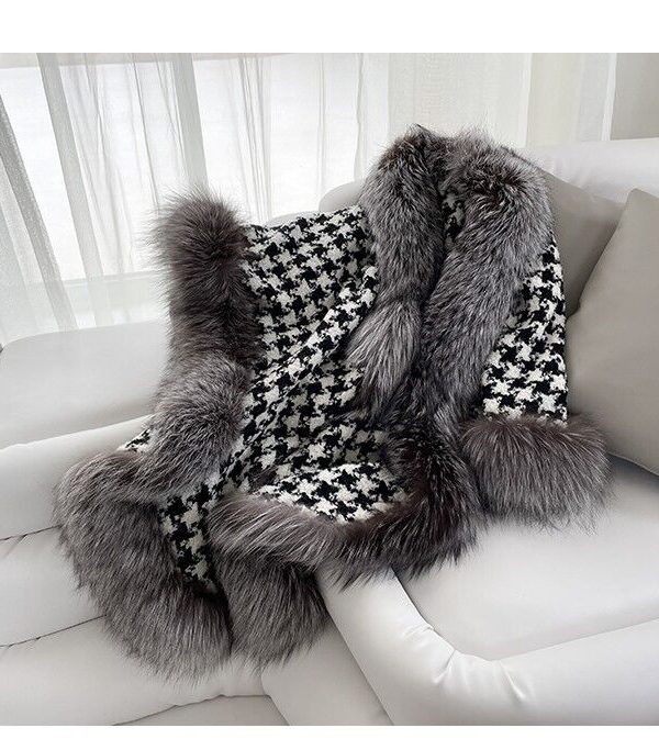 Women's Wool Tweed Fur Wrap Cape with Silver Fox Fur Trims - Image 3