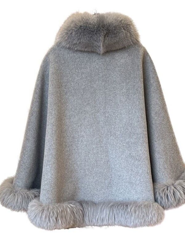 Women's Cashmere Wool Wrap Cape with Fox Fur Grey - Image 5