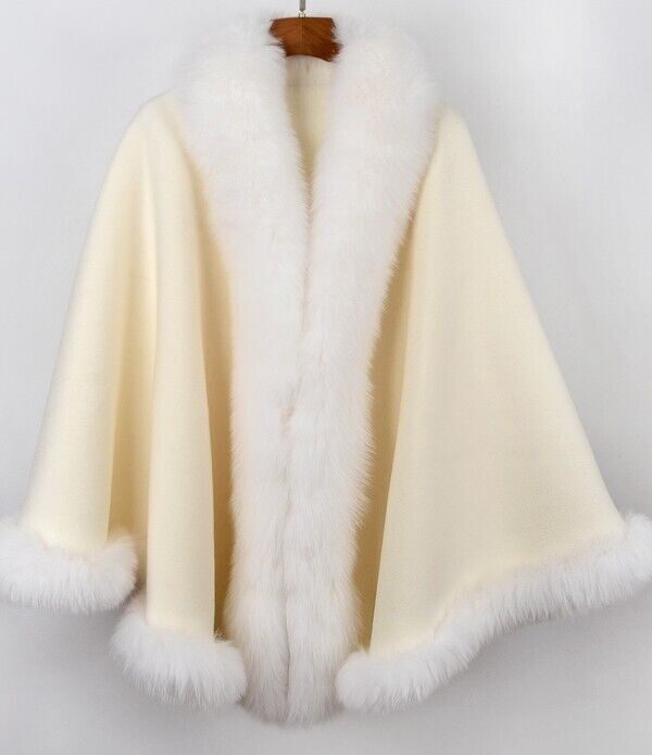 Women's Cashmere Wool Wrap Cape with Fox Fur Ivory White - Image 4