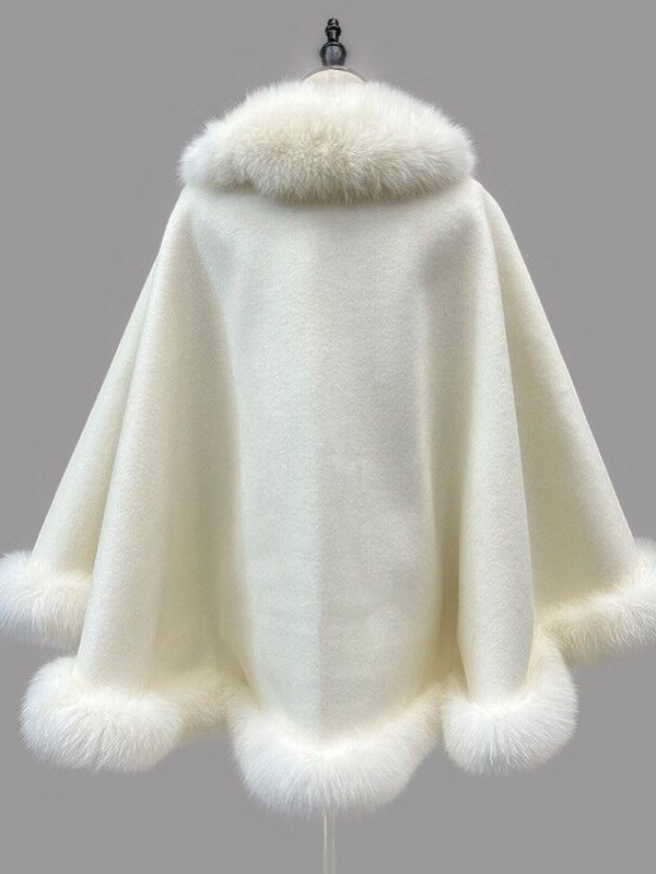 Women's Cashmere Wool Wrap Cape with Fox Fur Ivory White - Image 3