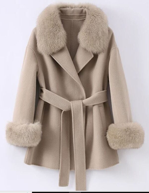 Women's Caramel Wool Blend Jacket Coat Fox Fur - Image 6