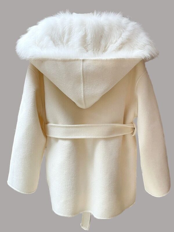 Women's 100% Wool Jacket Coat with Hood and White Fox Fur Lining - Image 4