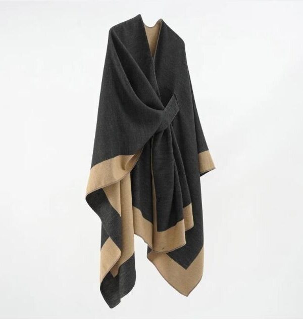 Women's Wool Blend Cape Shawl Wrap Black Camel Caramel - Image 4