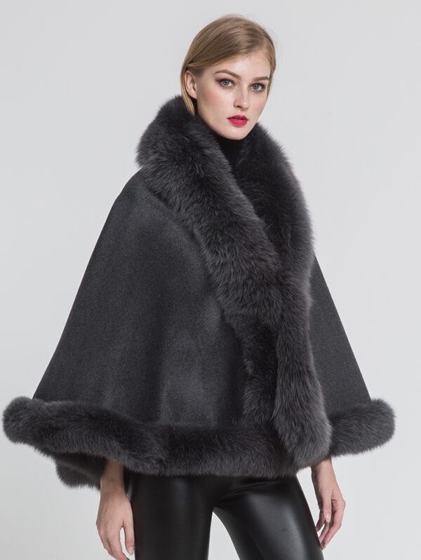 Women's 100% Cashmere Gray Grey Wrap Cape Fox Fur - Image 2