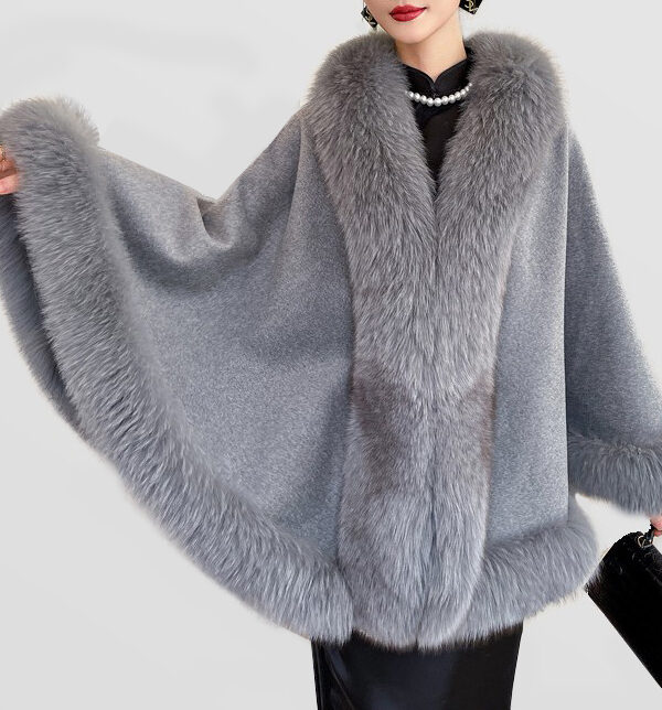 Women's Cashmere Wool Wrap Cape with Fox Fur Grey - Image 3
