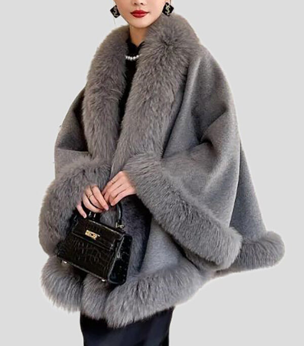 Women's Cashmere Wool Wrap Cape with Fox Fur Grey - Image 2