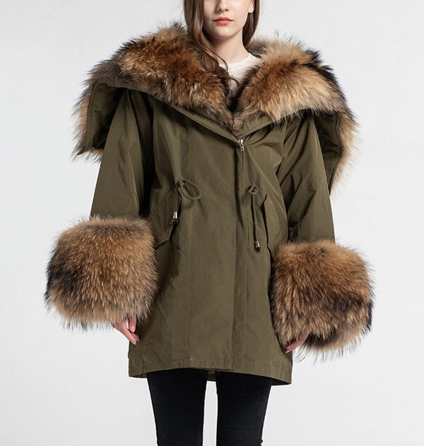 Women's Military Army Green Winter Coat Jacket Parka Hood Raccoon Fur - Image 3