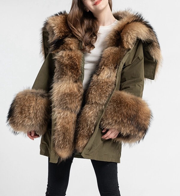 Women's Military Army Green Winter Coat Jacket Parka Hood Raccoon Fur - Image 4