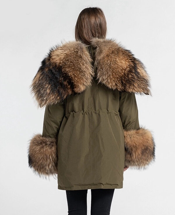 Women's Military Army Green Winter Coat Jacket Parka Hood Raccoon Fur - Image 5