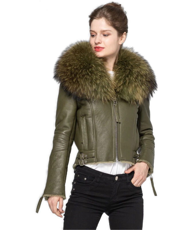 Women's Green Shearling Sheepskin Lamb Fox Fur Jacket Coat - Image 3