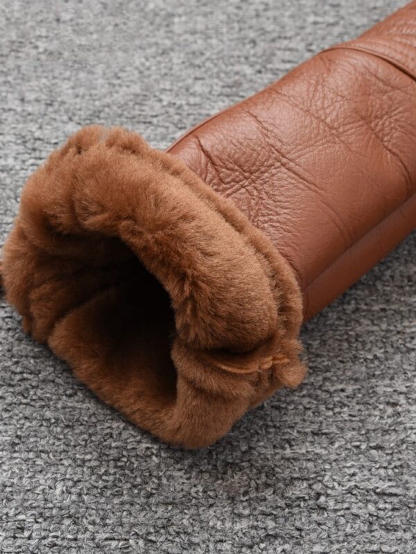 Women's Caramel Brown Shearling Sheepskin Lamb Fox Fur Jacket Coat - Image 3