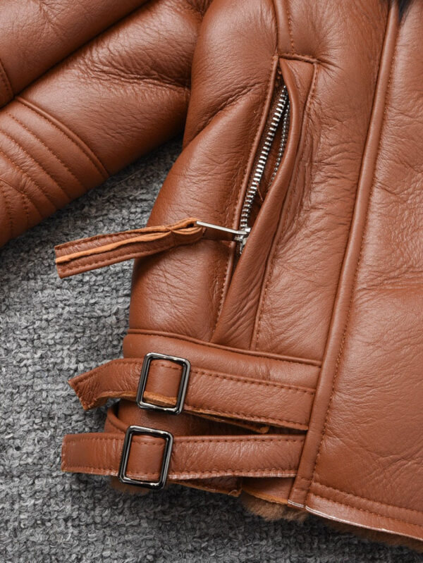 Women's Caramel Brown Shearling Sheepskin Lamb Fox Fur Jacket Coat - Image 5