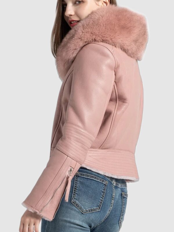 Women's Pink Shearling Sheepskin Lamb Fox Fur Jacket Coat - Image 3