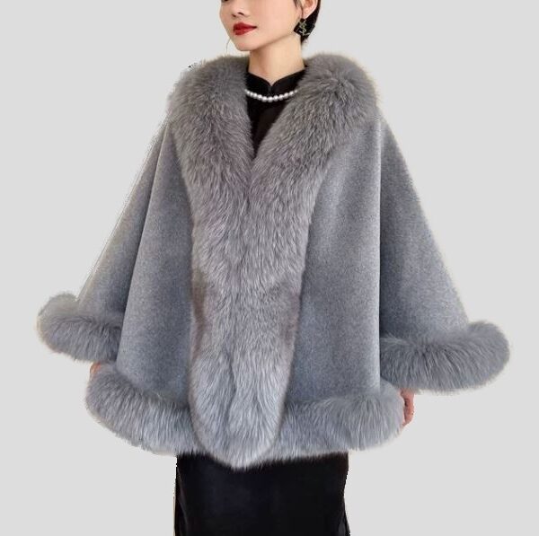Women's Cashmere Wool Wrap Cape with Fox Fur Grey - Image 6