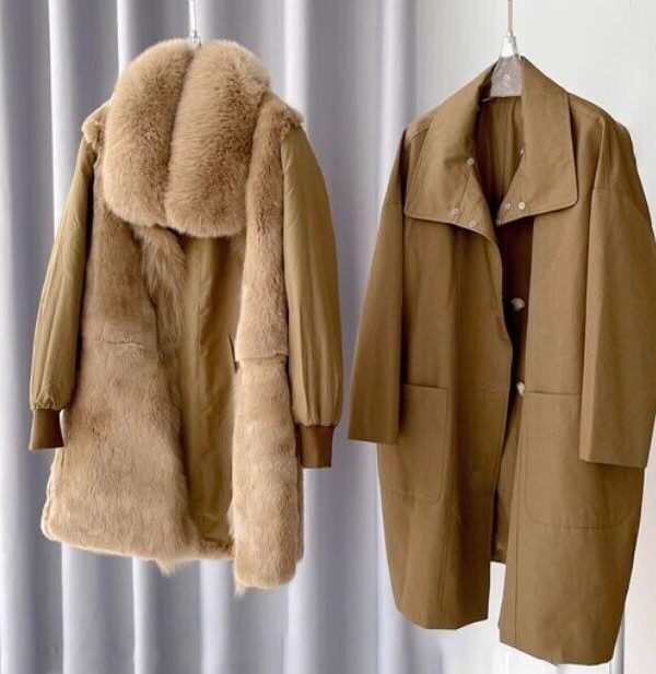 Women's Brown Winter Coat Fox Fur Trim Detachable Fur Lining - Image 5