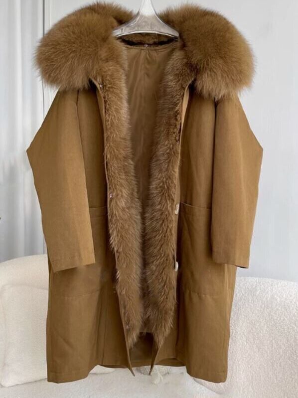 Women's Brown Winter Coat Fox Fur Trim Detachable Fur Lining - Image 6
