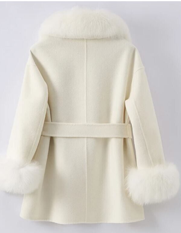 Women's Tan Beige Wool Blend Jacket Coat Fox Fur - Image 8
