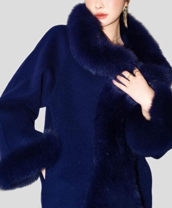 Women's Wool Blend Wrap Cape Jacket with Fox Fur Purple Blue - Image 4