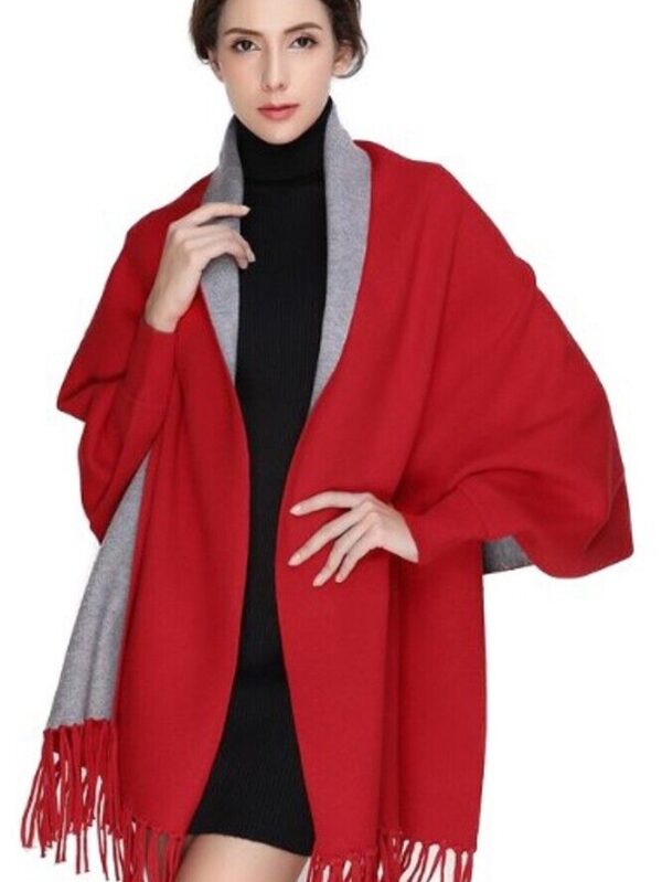 Women's Red Gray Wool Blend Cape Wrap Shawl with Sleeves - Image 4