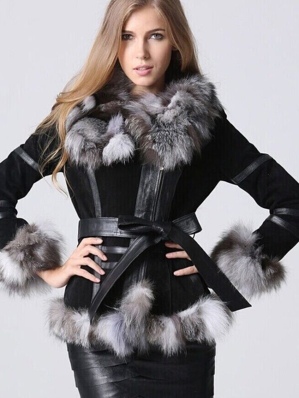 Women's Black Suede Leather Silver Fox Fur Jacket Coat - Image 6
