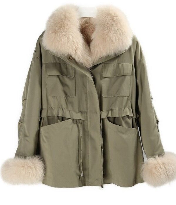 Women's Military Green Winter Coat Jacket Parka w/ Fox Fur Collar - Image 7