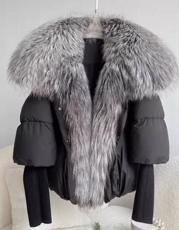 Women's Winter Down Jacket Coat Silver Fox Fur Collar and Trim Black