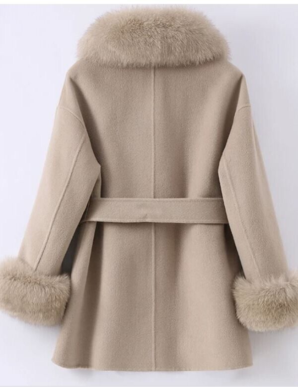 Women's Tan Beige Wool Blend Jacket Coat Fox Fur - Image 3