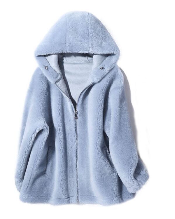 Women's 100% Wool Sheepskin Blush Pink Bomber Jacket Coat With Hood - Image 3