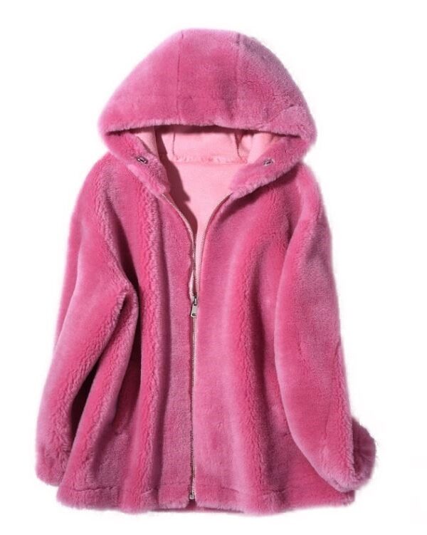 Women's 100% Wool Sheepskin Blush Pink Bomber Jacket Coat With Hood - Image 4