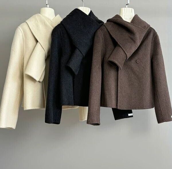 Women's Wool Cashmere Blend Jacket Coat with Scarf Brown - Image 6