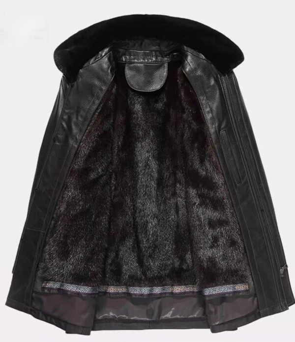Men's Black Leather Jacket Coat Detachable Mink Fur Lining - Image 5