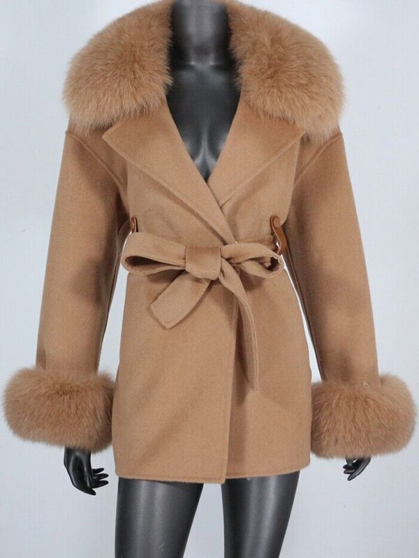 Women's Beige Wool Blend Jacket Coat Fox Fur - Image 7