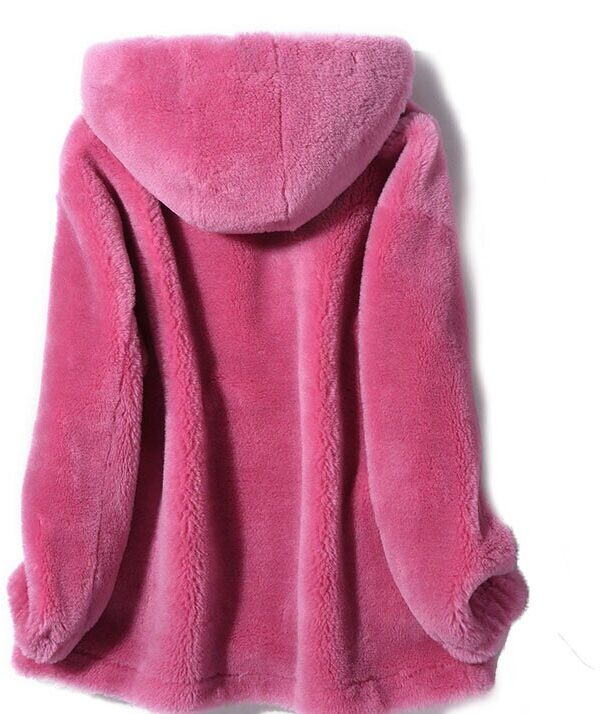 Women's 100% Wool Sheepskin Blush Pink Bomber Jacket Coat With Hood - Image 5