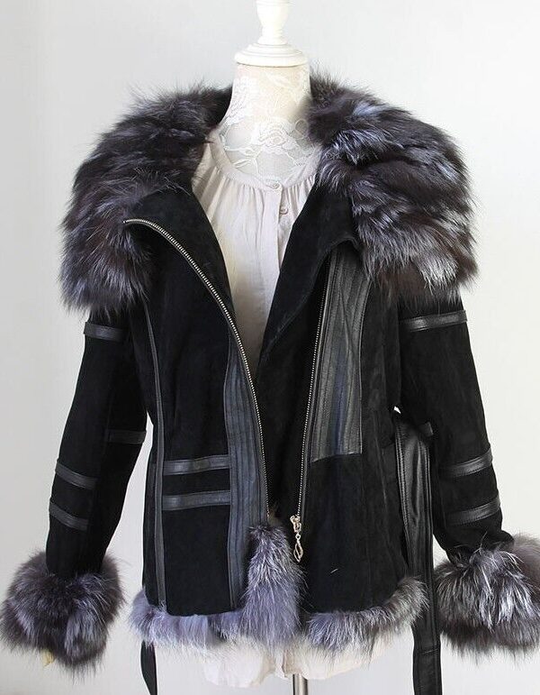 Women's Black Suede Leather Silver Fox Fur Jacket Coat - Image 4