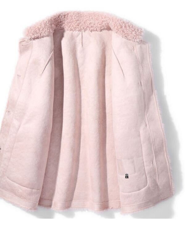 Women's 100% Wool Sheepskin Blush Pink Bomber Jacket Coat With Hood - Image 2