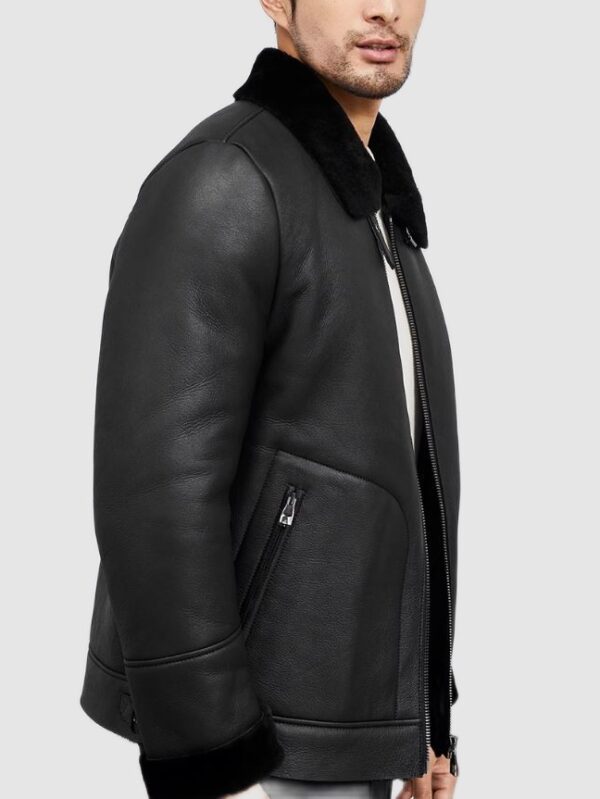 Men's Black Shearling Lamb Leather Jacket Coat Sheepskin - Image 4