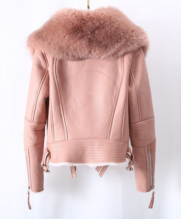 Women's Pink Shearling Sheepskin Lamb Fox Fur Jacket Coat - Image 5